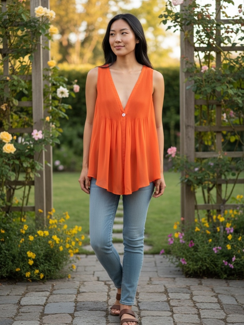 Elizabeth and James Bright Orange Sleeveless V-Neck Tank